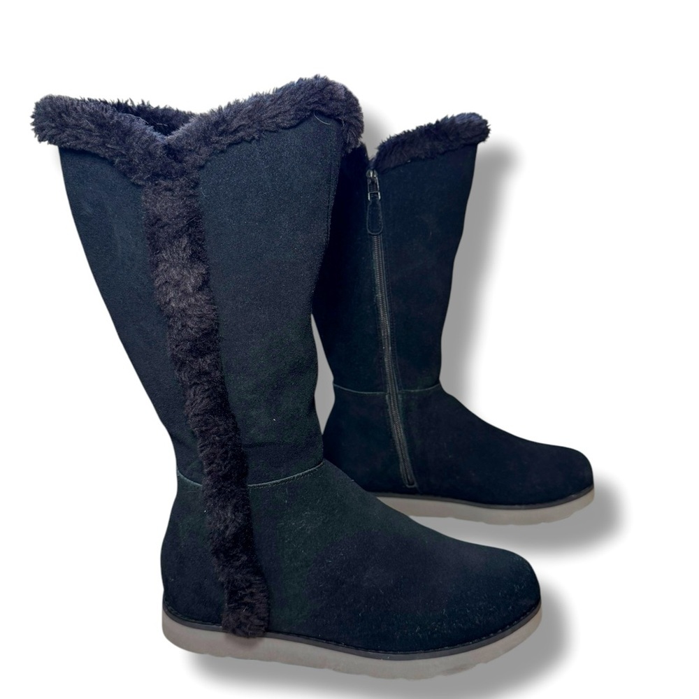 Lands’ End Black Suede Zip Up‎ Tall Boots- Faux Fur Lined, Size 8. EUC